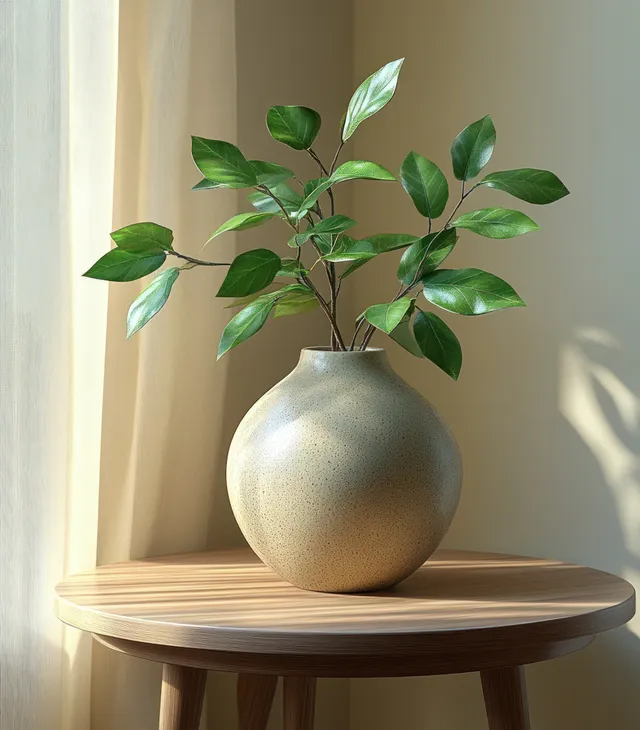 A round wooden console table displays a textured vase with green leaves in warm light from sheer curtains.