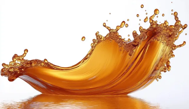 Amber liquid splash frozen mid-air with droplets arcing above a glossy reflective surface