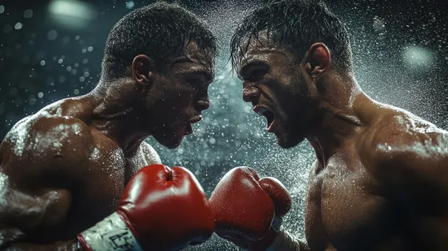 Two boxers trading punches in a dim ring, red gloves glowing through sweat mist
