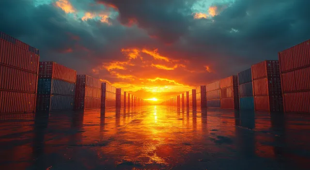 Stacked shipping containers in port yard at sunset, cranes implied by towering structure