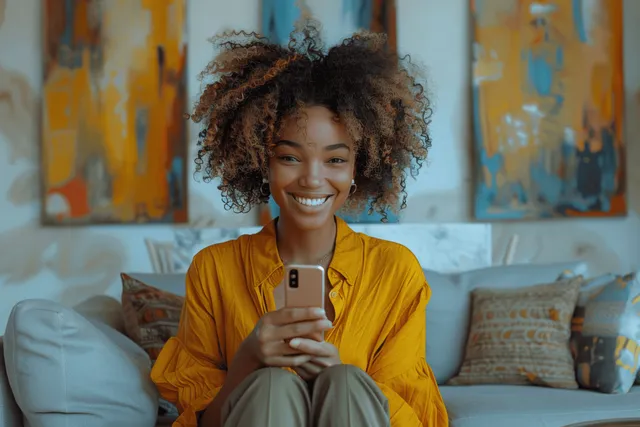 Excited young woman on living room sofa smiling while checking a smartphone