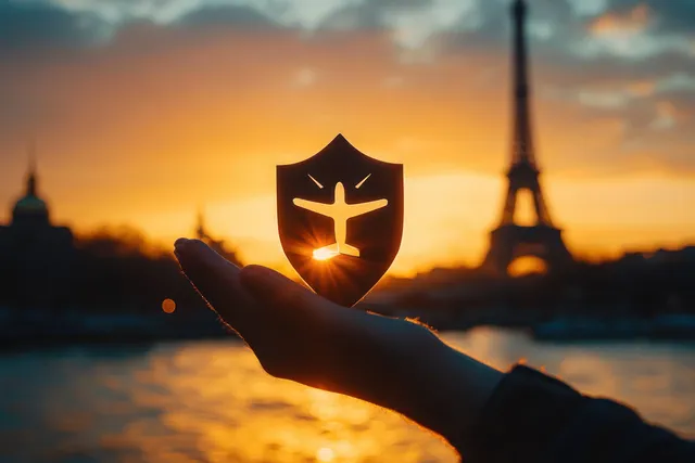 Hand silhouette holding shield with airplane cutout against golden sunset over a city tower