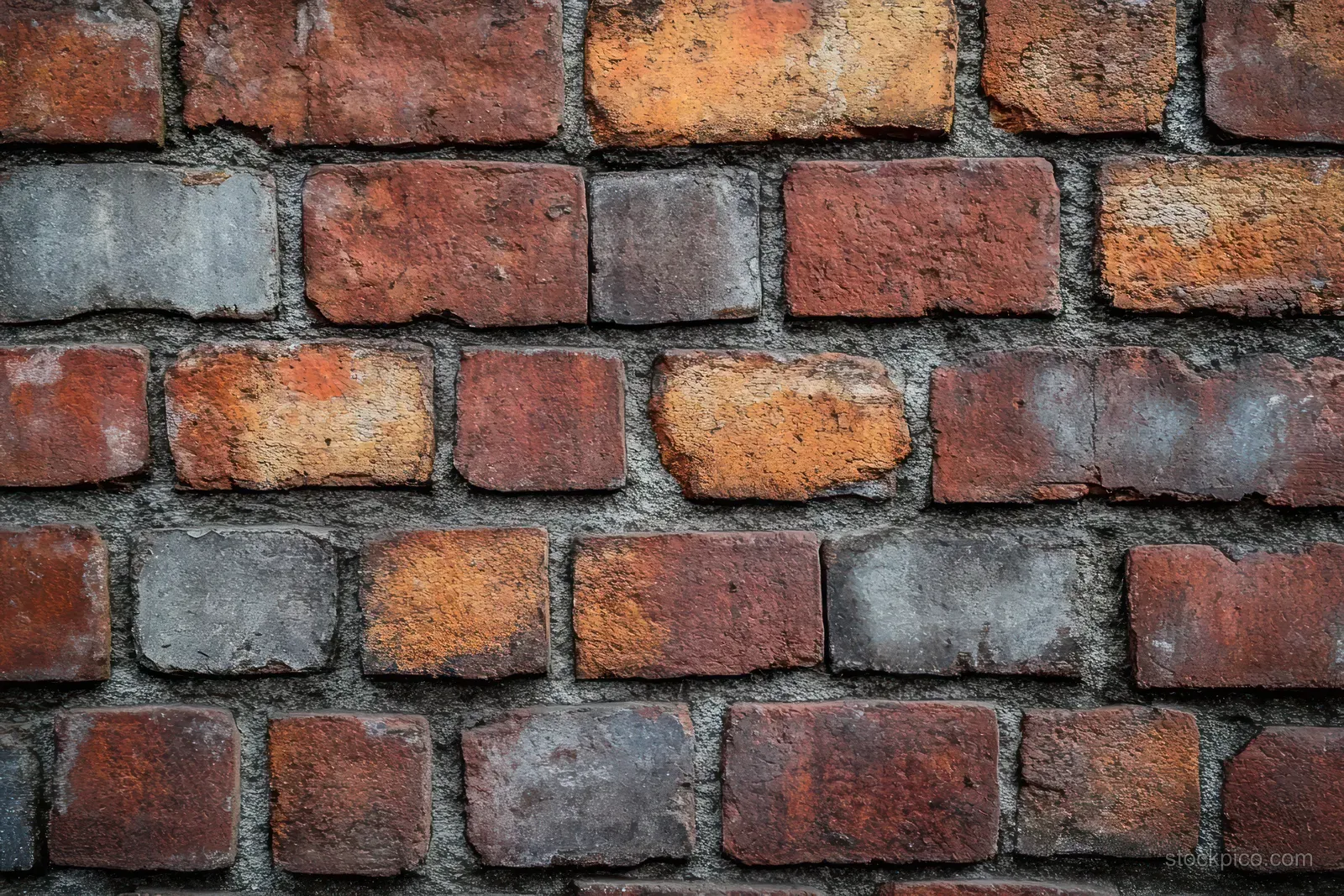 Close-up of a weathered brick wall with red and gray bricks, visible mortar lines, and rough texture.