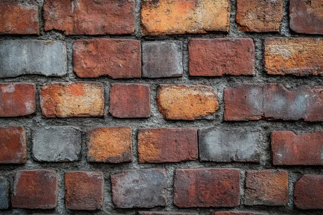 Close-up of a weathered brick wall with red and gray bricks, visible mortar lines, and rough texture.