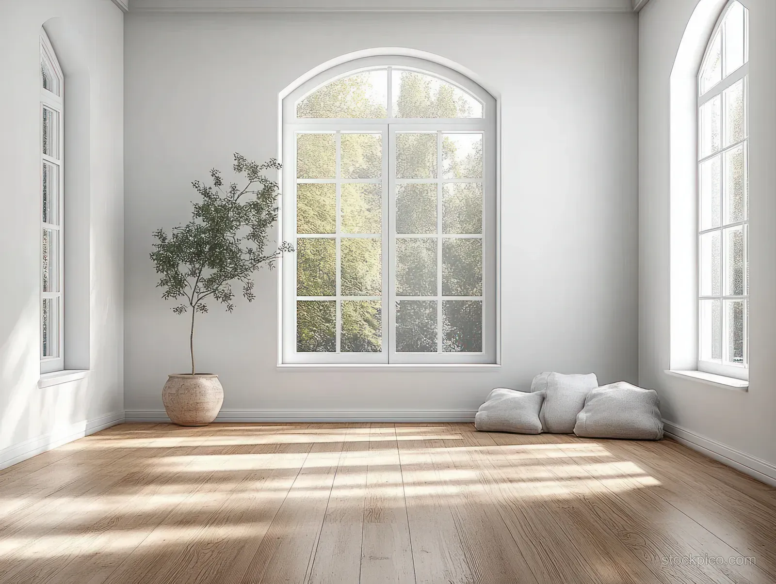 Sunlit Scandinavian minimalist room with a large arched window, light wood floor, and resting cushions.