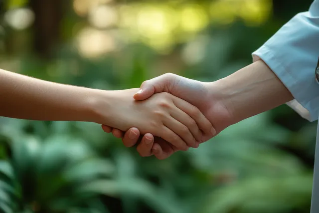 A doctor and patient hold hands outside with blurred greenery behind them.