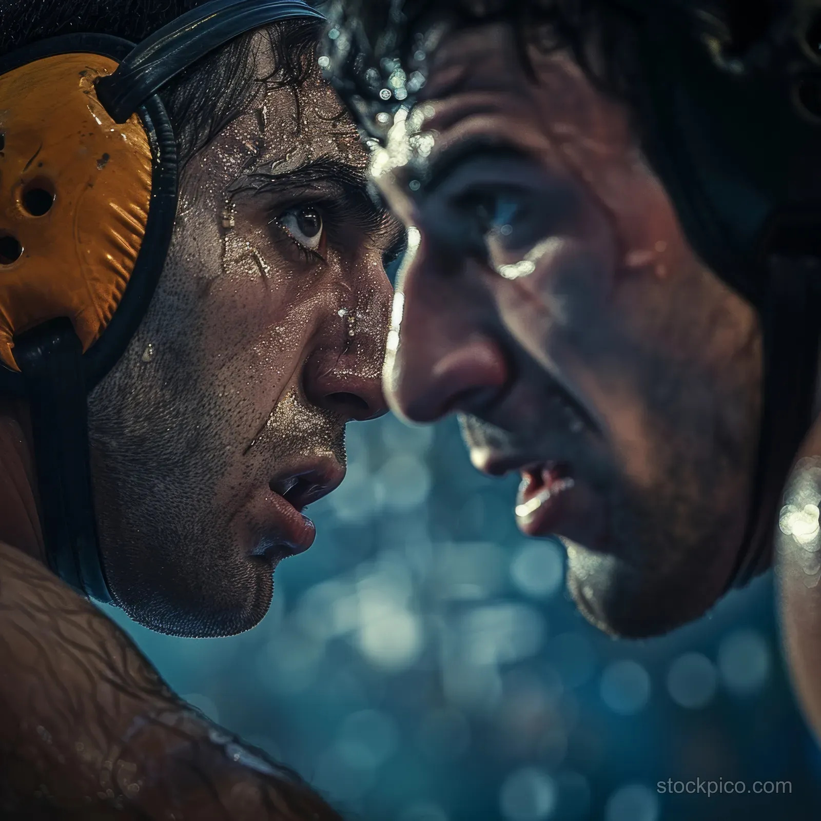Two male freestyle wrestlers face off in a tense close-up, sweat on their faces and blurred lights behind.