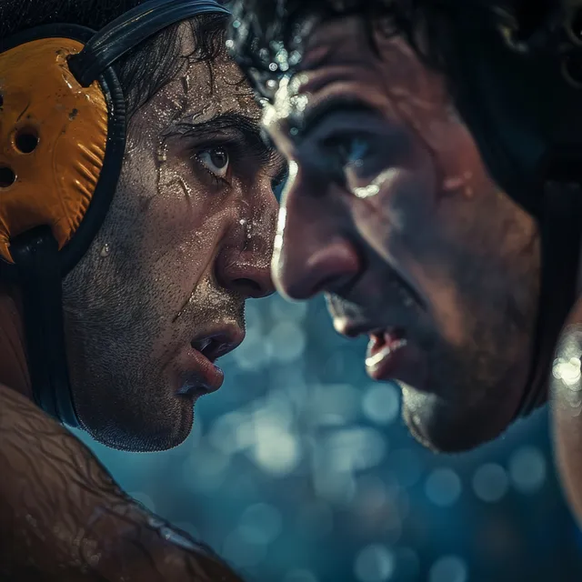 Men’s freestyle wrestlers grapple in a tense match, face-to-face close-up with sweat