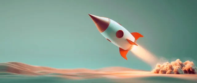 A rocket blasts off into a pastel green sky, trailing bright flame and smoke above a distant horizon.
