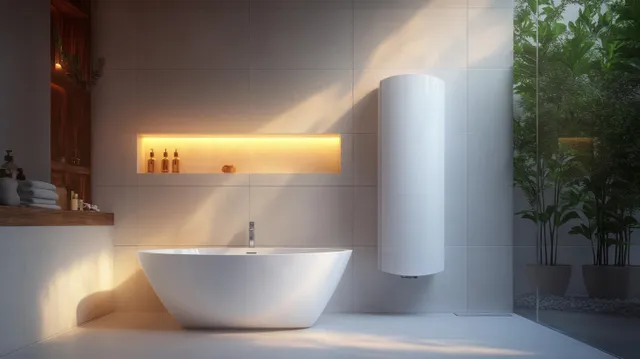 White minimalist bathroom with a wall-mounted water heater cylinder and a washbasin sink under warm ambient light.