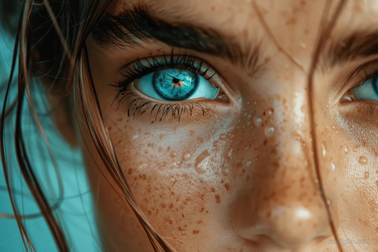 Close-up of a blue eye with freckles and tiny water droplets on wet skin.