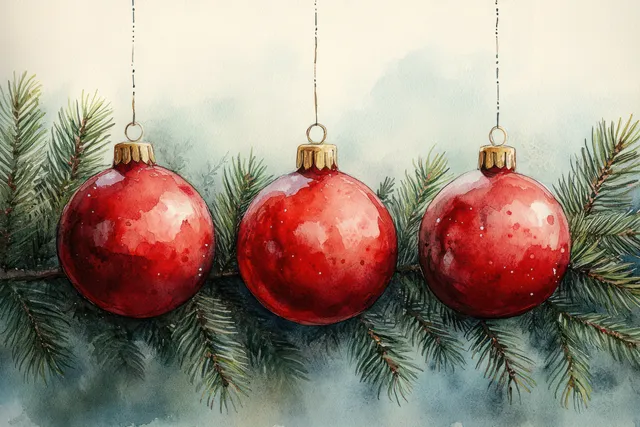 Red Christmas baubles hanging from twine on pine branches watercolor backdrop
