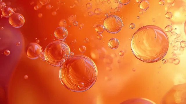 Translucent bubbles float in glowing orange liquid, showing rounded highlights and soft light reflections.