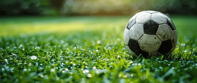 Black-and-white soccer ball on green grass with a blurred sports field background.