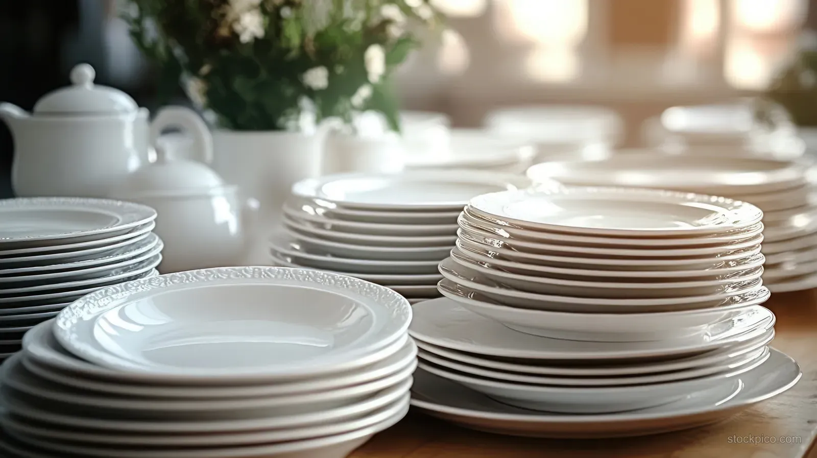 White porcelain plates are stacked on a wooden table beside cups under soft natural morning light.