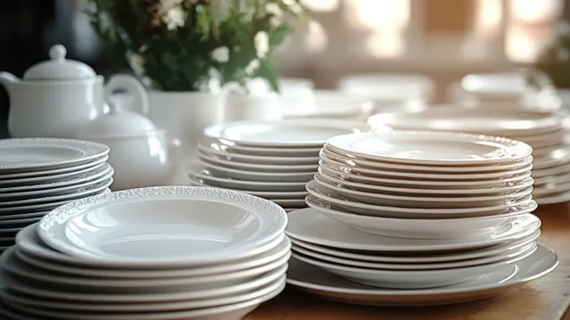 White porcelain plates are stacked on a wooden table beside cups under soft natural morning light.