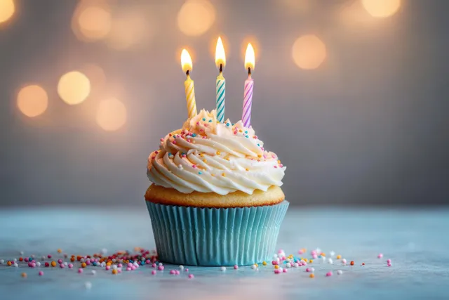 Cupcake with three lit candles and sprinkles against warm bokeh background