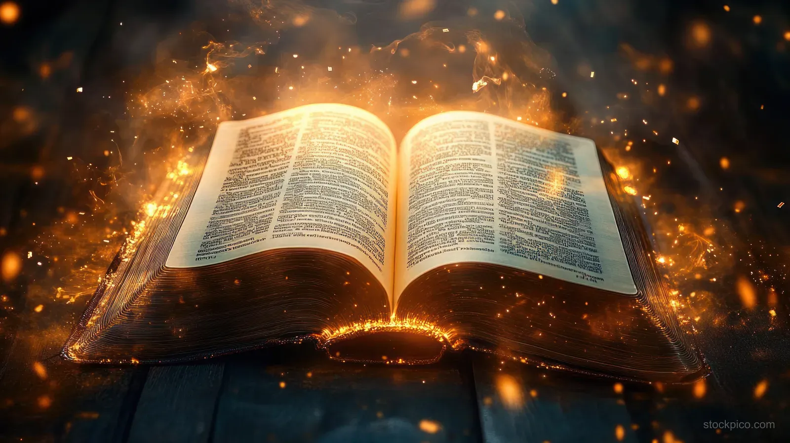 An open Bible glows with golden light and swirling particles in a mystical devotional scene.