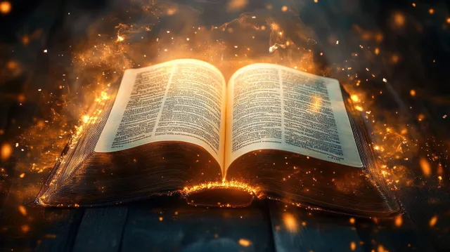 Open Bible glowing with ethereal light, swirling golden particles in a mystical devotional scene