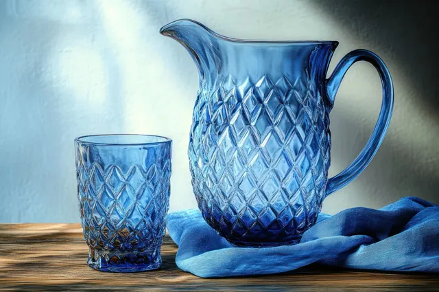 Blue textured glass pitcher and matching cup on a wooden surface beside a draped blue cloth.