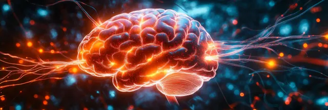 Glowing brain neural pathways firing with orange light streaks and dark bokeh background