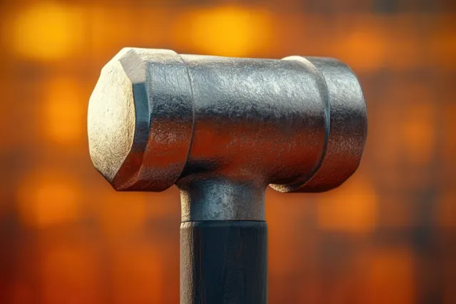 Metal hammer head and handle shown in close-up against a warm orange blurred background.