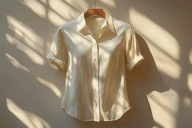 A white short sleeve shirt hangs on a wooden hanger against a wall with soft sunlight and shadows.