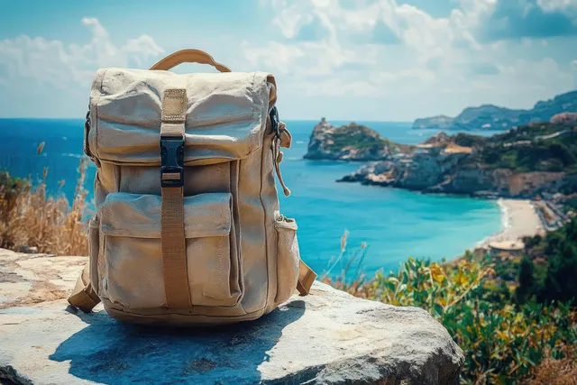 Beige canvas backpack on a stone ledge facing a bright blue ocean bay with cliffs and a sandy beach.
