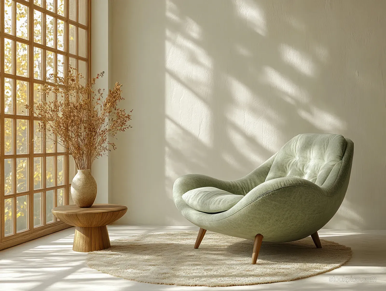 Green lounge chair in a minimalist room with a vase on a wooden side table by a sunlit window.