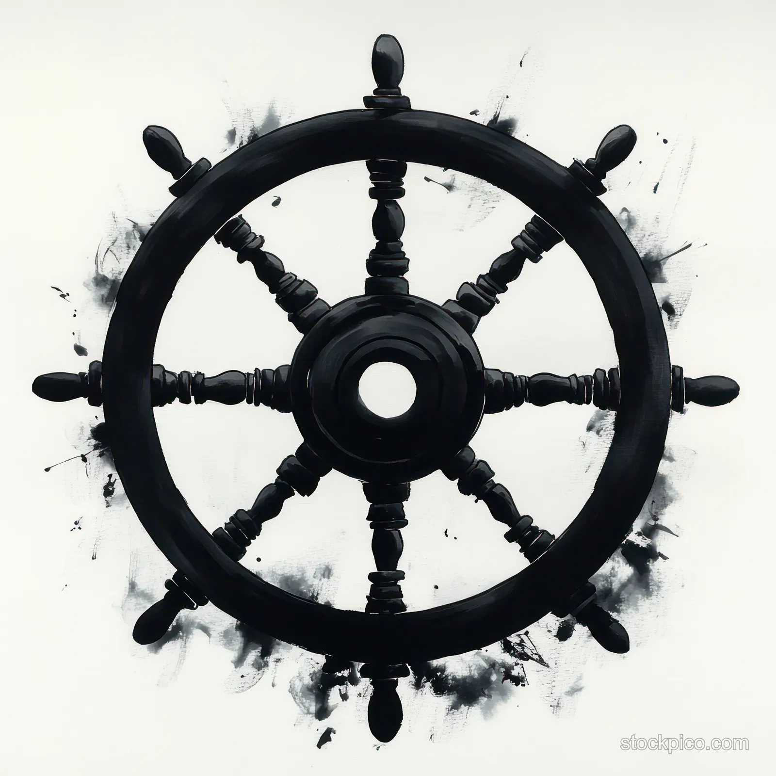 Black monochrome ship steering wheel with eight spokes and ink splatter centered on a white background.