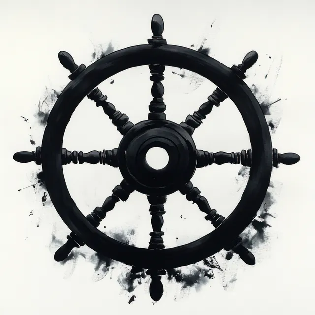 Black monochrome ship steering wheel with eight spokes and ink splatter centered on a white background.