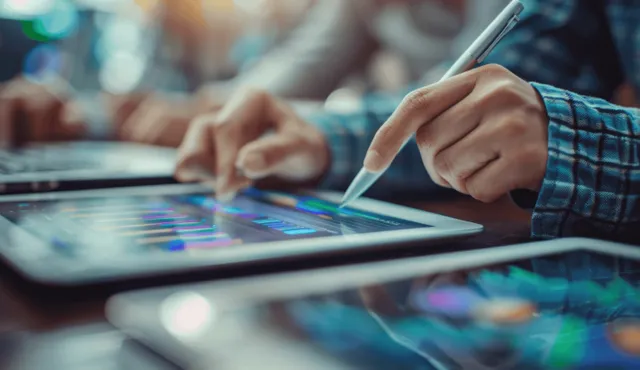 Hands using a tablet for collaborative business data analysis
