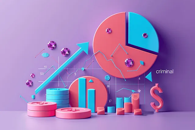3D pie chart and rising arrow beside financial bars on purple minimalist background