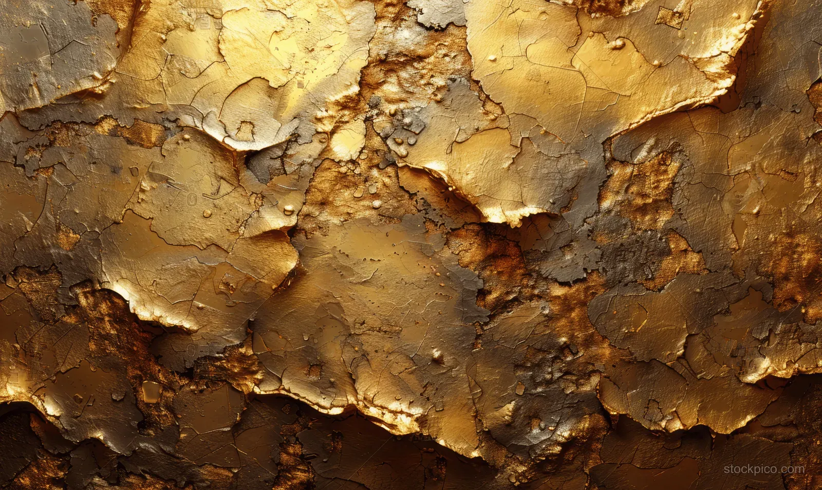 Cracked gold leaf plaster wall texture with warm highlights and dark, weathered grooves.