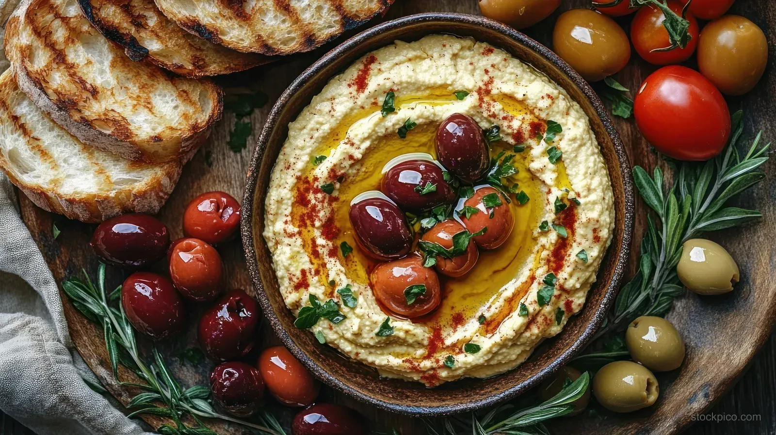 A bowl of hummus on a wooden platter with olives, grilled bread, cherry tomatoes, and rosemary.