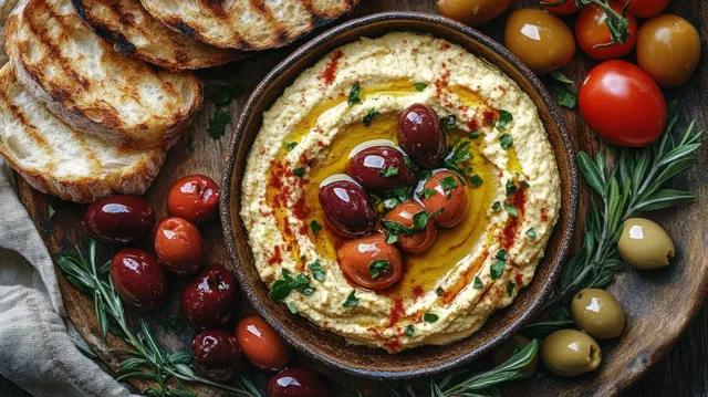A bowl of hummus on a wooden platter with olives, grilled bread, cherry tomatoes, and rosemary.