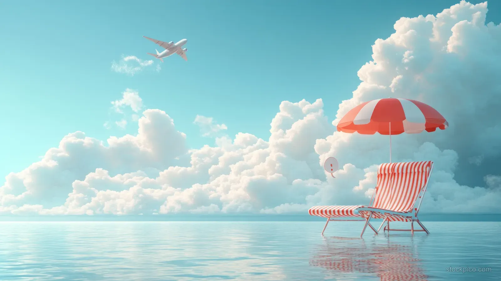 Red striped umbrella and beach deck chair float on calm ocean while a small airplane flies through cloudy sky.