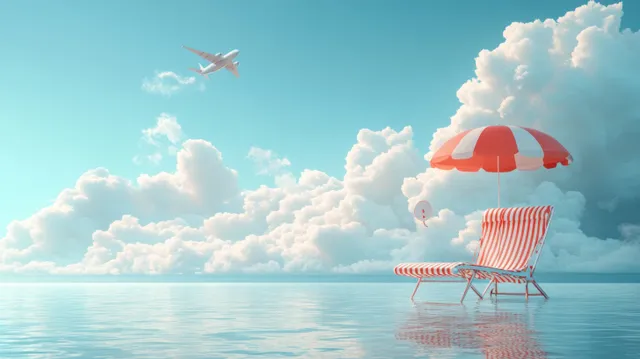 Beach deck chair and red umbrella floating above calm ocean with airplane in sky