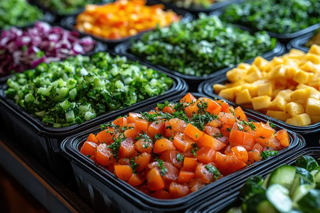 Colorful chopped vegetables in black takeaway containers for meal delivery