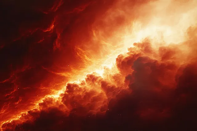 Orange and red fiery clouds glow as bright light illuminates smoky smoke-like formations in a dark sky.