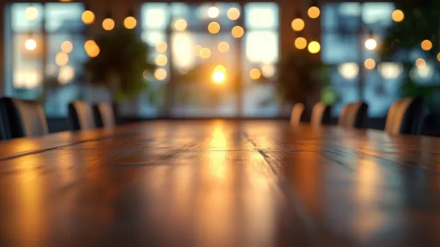 Empty wooden conference table in a modern boardroom with softly blurred windows and warm bokeh lights in the background.