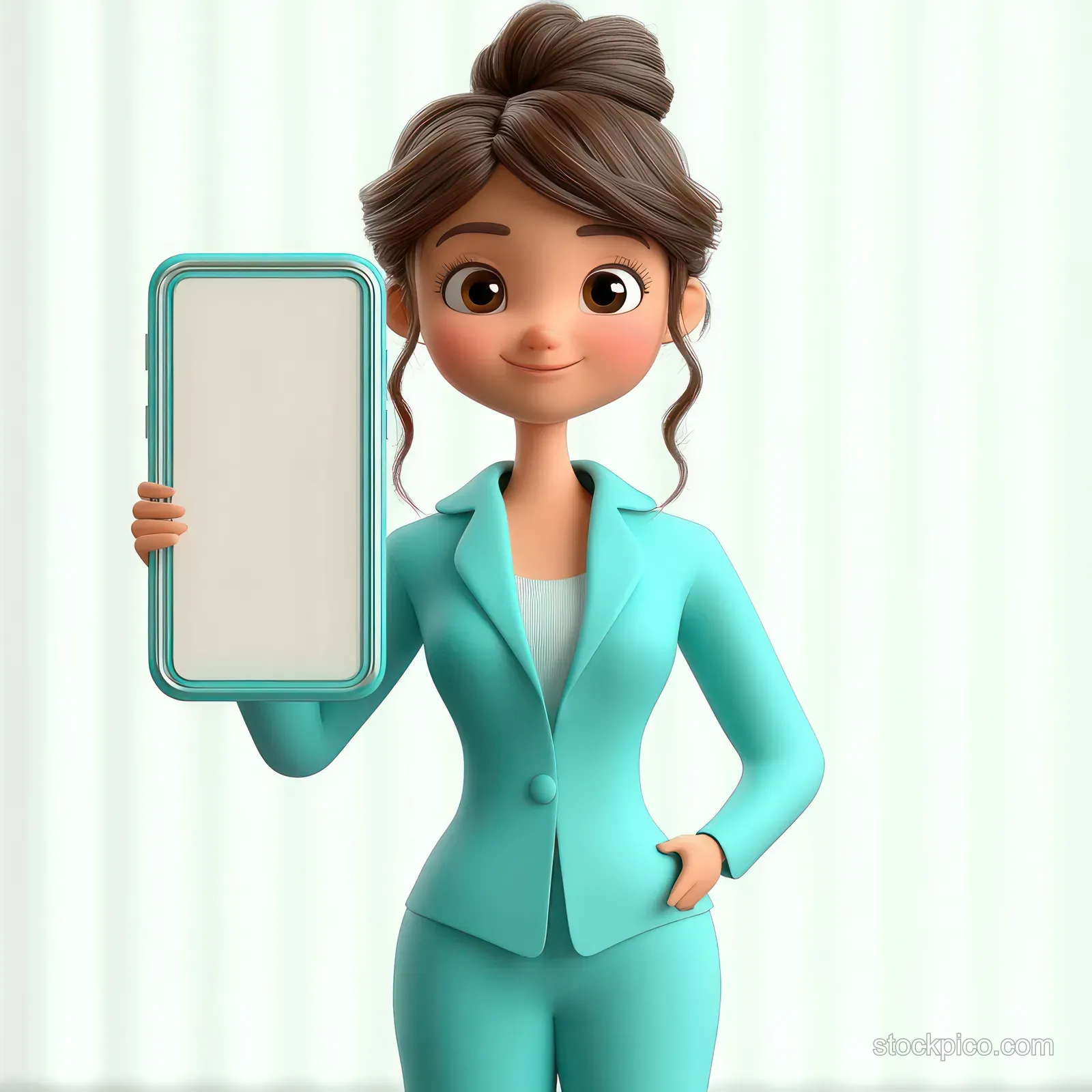 A shocked businesswoman in a turquoise suit points to a blank smartphone screen in an isolated 3D illustration.