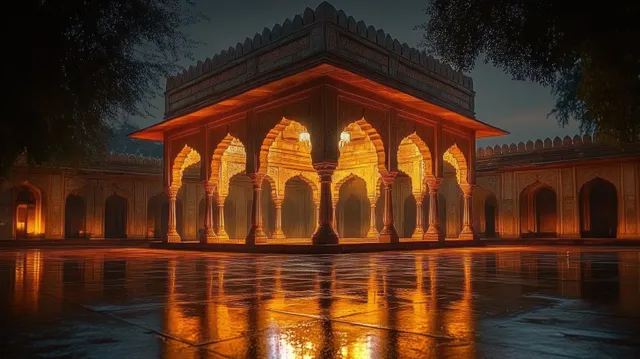 Twilight illumination of a historic pavilion with arched columns and carved stone details reflected on a polished floor.