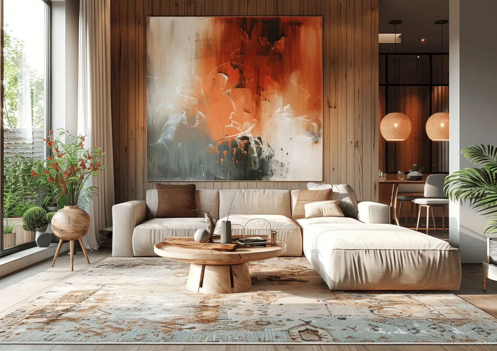Beige sectional sofas in a Scandinavian living room beneath an abstract canvas, with wooden furniture, lamps, plants, and daylight.