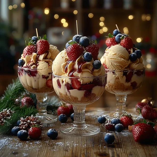 Three glass dessert cups with vanilla ice cream, berries, and chocolate sauce on rustic table