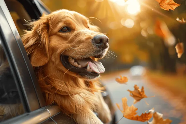 Golden retriever enjoying autumn car ride, tongue out, leaves fluttering by sunlit window