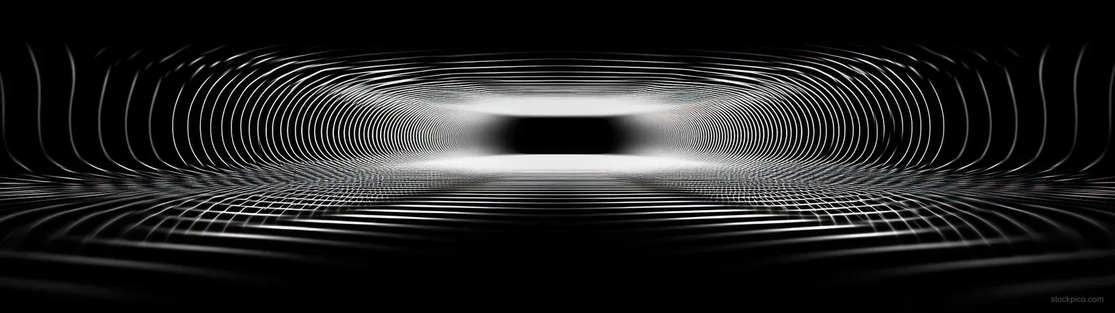 Concentric curved white lines form a glowing tunnel vortex in a dark black space.