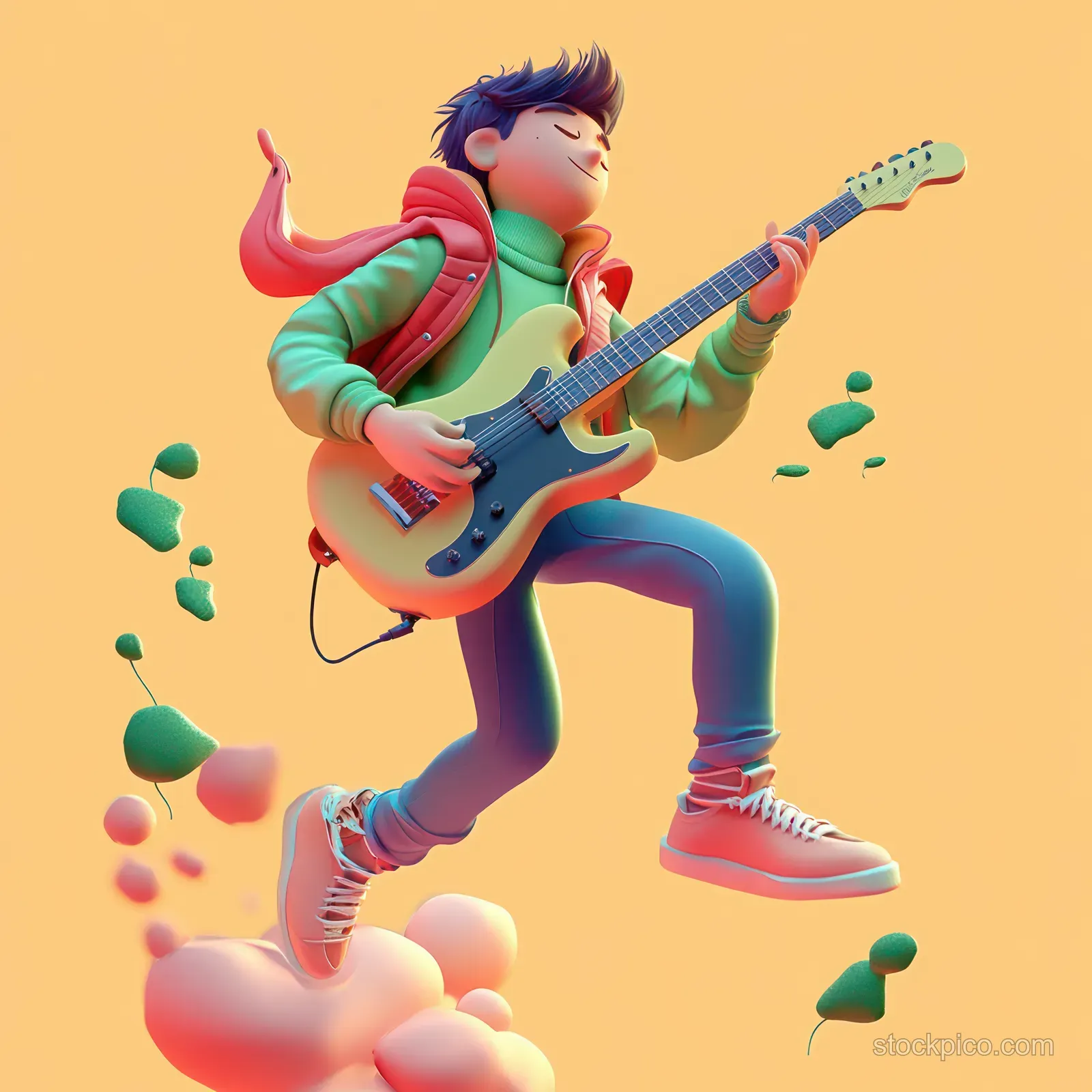 A young cartoon man in a red hoodie jumps in space while playing an electric guitar with colorful particles around.