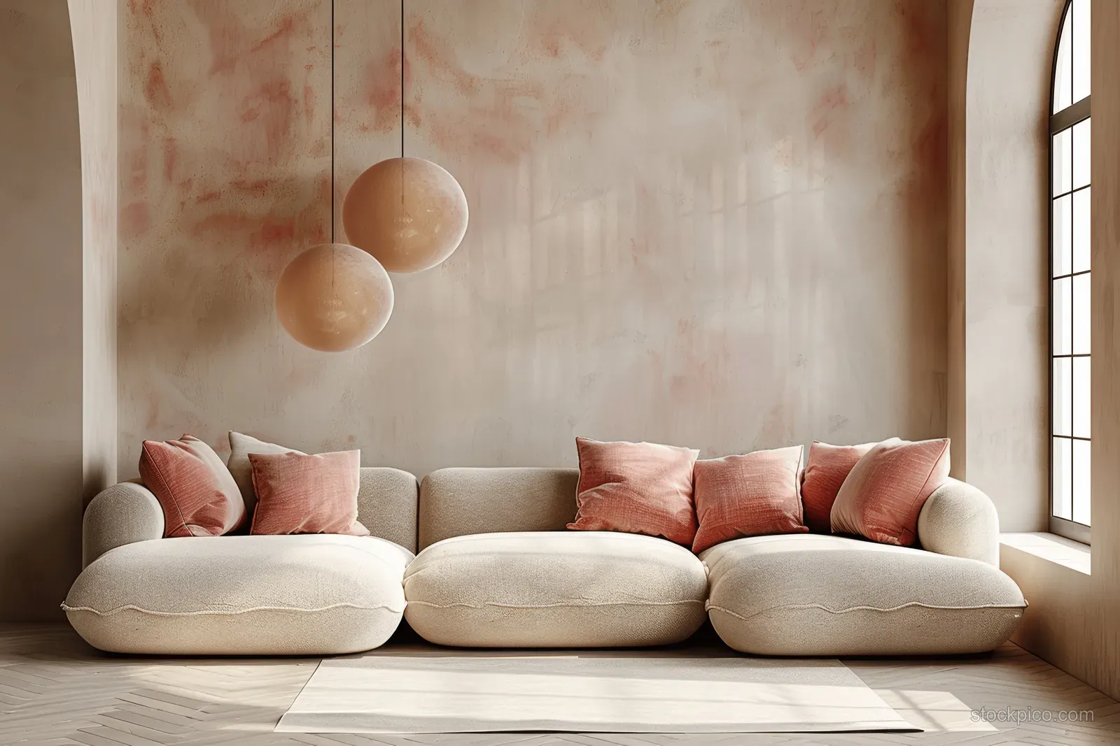 Beige sofa with pink cushions in a minimalist industrial living room beside an arched window and round pendant lights.