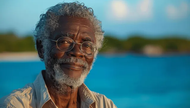 Elderly African American man with glasses smiling at the camera beside blue ocean water on a sunny day.